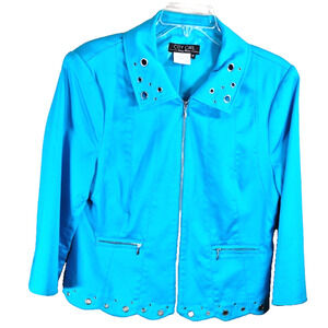 Nancy Bolen City Girl Aqua Blue Blazer Jacket Size Medium Zip Front & Pockets